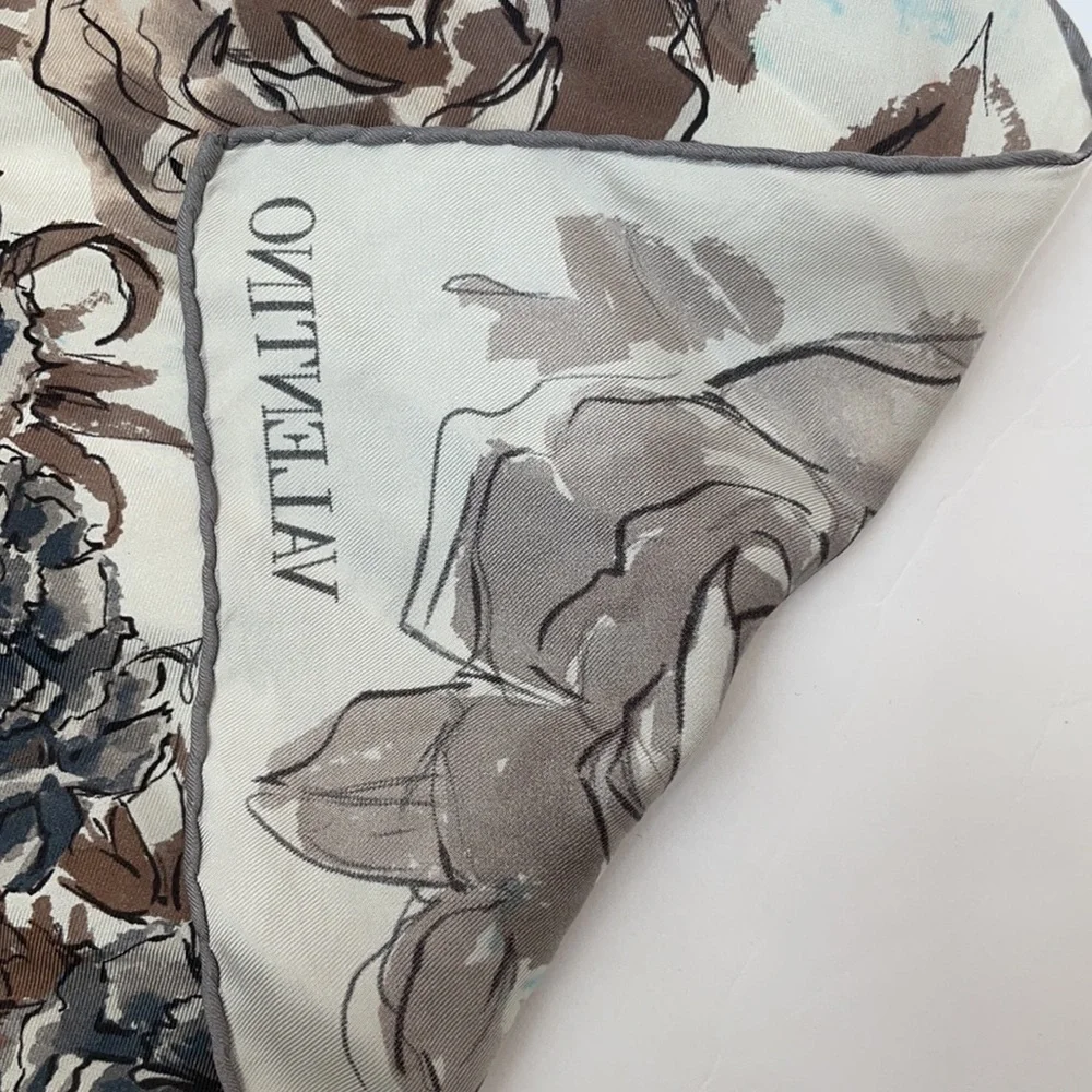 Valentino Petrol blue brown floral square silk scarf